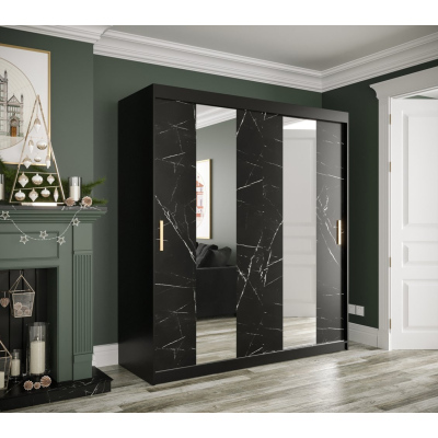 Šatní skříň s posuvnými dveřmi a zrcadly MAREILLE 4 - šířka 180 cm, černá / černý mramor