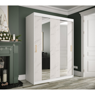 Šatní skříň s posuvnými dveřmi a zrcadly MAREILLE 4 - šířka 150 cm, bílá / bílý mramor