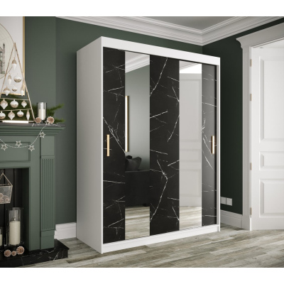 Šatní skříň s posuvnými dveřmi a zrcadly MAREILLE 4 - šířka 150 cm, bílá / černý mramor