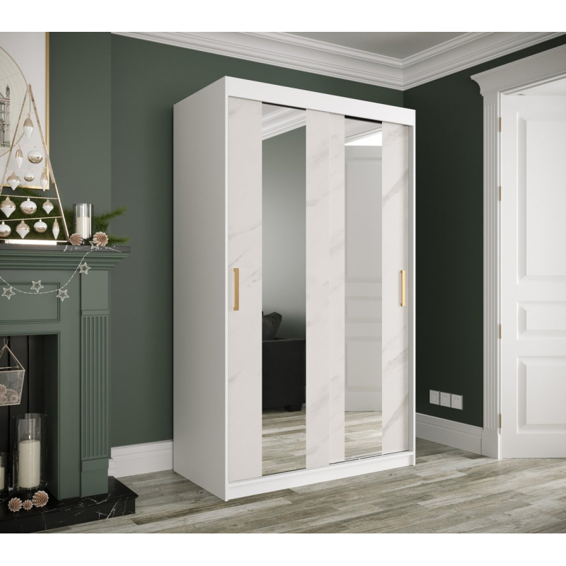 Šatní skříň s posuvnými dveřmi a zrcadly MAREILLE 4 - šířka 120 cm, bílá / bílý mramor