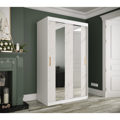 Šatní skříň s posuvnými dveřmi a zrcadly MAREILLE 4 - šířka 120 cm, bílá / bílý mramor