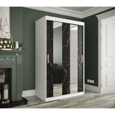 Šatní skříň s posuvnými dveřmi a zrcadly MAREILLE 4 - šířka 120 cm, bílá / černý mramor