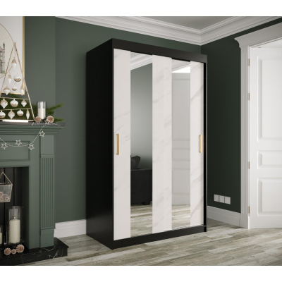 Šatní skříň s posuvnými dveřmi a zrcadly MAREILLE 4 - šířka 120 cm, černá / bílý mramor