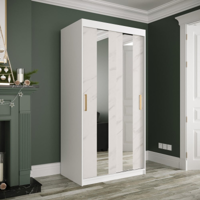 Šatní skříň s posuvnými dveřmi a zrcadly MAREILLE 4 - šířka 100 cm, bílá / bílý mramor
