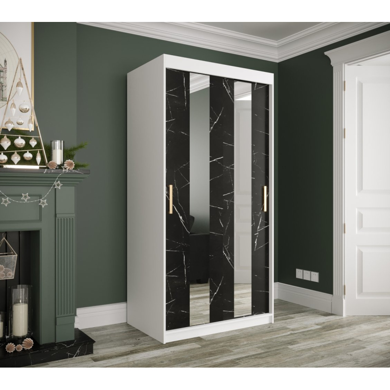 Šatní skříň s posuvnými dveřmi a zrcadly MAREILLE 4 - šířka 100 cm, bílá / černý mramor