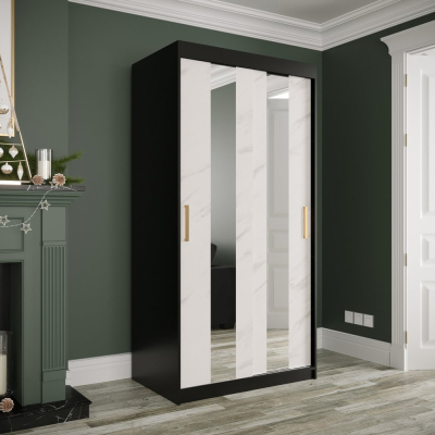 Šatní skříň s posuvnými dveřmi a zrcadly MAREILLE 4 - šířka 100 cm, černá / bílý mramor