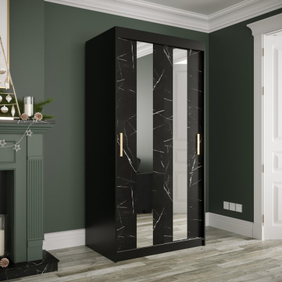 Šatní skříň s posuvnými dveřmi a zrcadly MAREILLE 4 - šířka 100 cm, černá / černý mramor