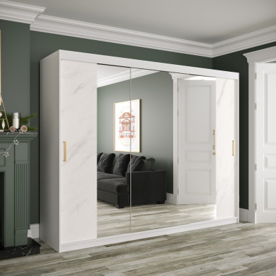 Zrcadlová skříň s posuvnými dveřmi MAREILLE 3 - šířka 250 cm, bílá / bílý mramor