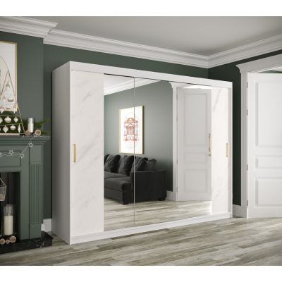 Zrcadlová skříň s posuvnými dveřmi MAREILLE 3 - šířka 250 cm, bílá / bílý mramor