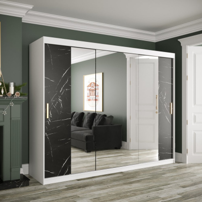 Zrcadlová skříň s posuvnými dveřmi MAREILLE 3 - šířka 250 cm, bílá / černý mramor