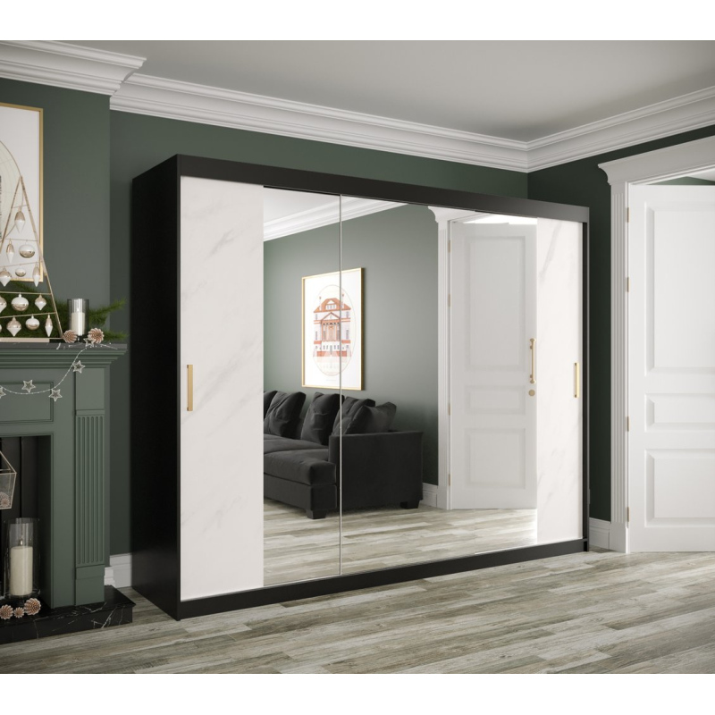 Zrcadlová skříň s posuvnými dveřmi MAREILLE 3 - šířka 250 cm, černá / bílý mramor