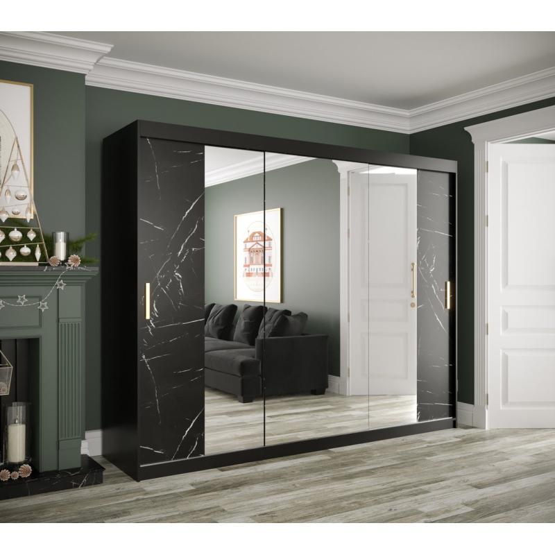 Zrcadlová skříň s posuvnými dveřmi MAREILLE 3 - šířka 250 cm, černá / černý mramor