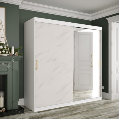 Zrcadlová skříň s posuvnými dveřmi MAREILLE 3 - šířka 200 cm, bílá / bílý mramor