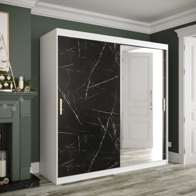 Zrcadlová skříň s posuvnými dveřmi MAREILLE 3 - šířka 200 cm, bílá / černý mramor