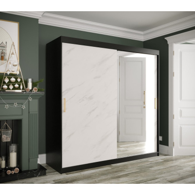 Zrcadlová skříň s posuvnými dveřmi MAREILLE 3 - šířka 200 cm, černá / bílý mramor