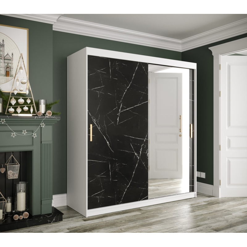 Zrcadlová skříň s posuvnými dveřmi MAREILLE 3 - šířka 180 cm, bílá / černý mramor