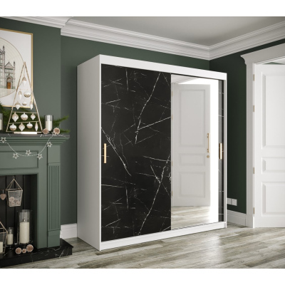 Zrcadlová skříň s posuvnými dveřmi MAREILLE 3 - šířka 180 cm, bílá / černý mramor