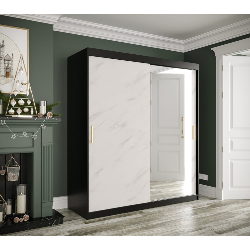 Zrcadlová skříň s posuvnými dveřmi MAREILLE 3 - šířka 180 cm, černá / bílý mramor