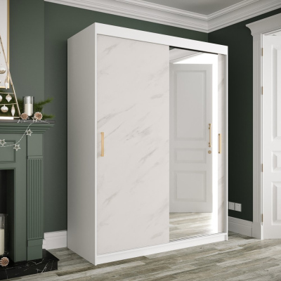 Zrcadlová skříň s posuvnými dveřmi MAREILLE 3 - šířka 150 cm, bílá / bílý mramor
