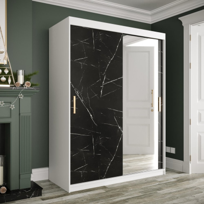 Zrcadlová skříň s posuvnými dveřmi MAREILLE 3 - šířka 150 cm, bílá / černý mramor