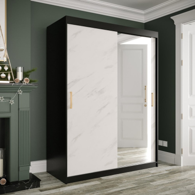 Zrcadlová skříň s posuvnými dveřmi MAREILLE 3 - šířka 150 cm, černá / bílý mramor