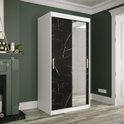 Zrcadlová skříň s posuvnými dveřmi MAREILLE 3 - šířka 100 cm, bílá / černý mramor
