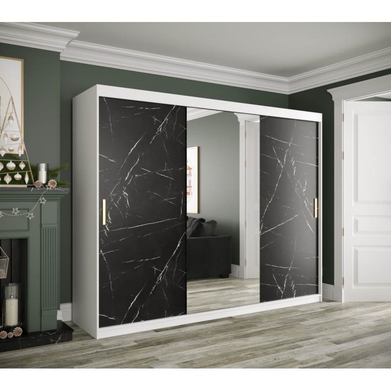 Zrcadlová skříň s posuvnými dveřmi MAREILLE 2 - šířka 250 cm, bílá / černý mramor