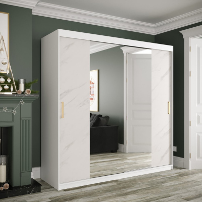Zrcadlová skříň s posuvnými dveřmi MAREILLE 2 - šířka 200 cm, bílá / bílý mramor
