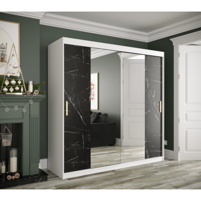 Zrcadlová skříň s posuvnými dveřmi MAREILLE 2 - šířka 200 cm, bílá / černý mramor