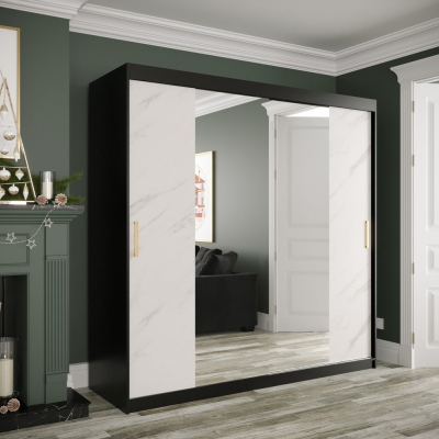 Zrcadlová skříň s posuvnými dveřmi MAREILLE 2 - šířka 200 cm, černá / bílý mramor
