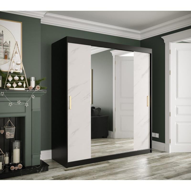 Zrcadlová skříň s posuvnými dveřmi MAREILLE 2 - šířka 180 cm, černá / bílý mramor
