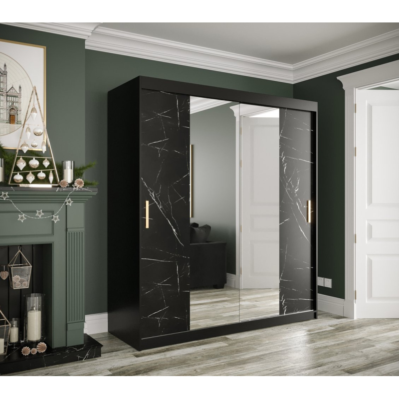Zrcadlová skříň s posuvnými dveřmi MAREILLE 2 - šířka 180 cm, černá / černý mramor