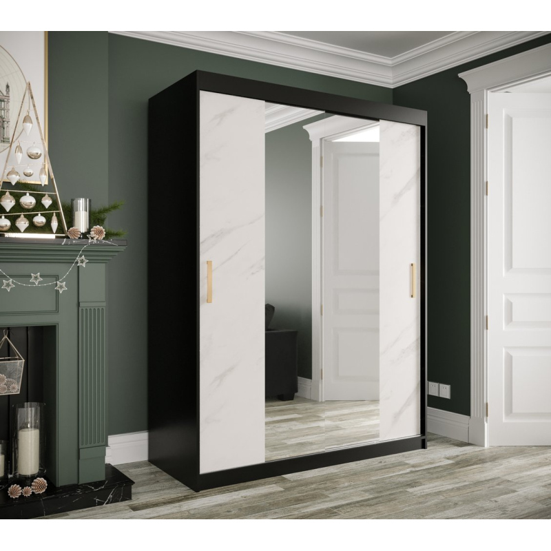 Zrcadlová skříň s posuvnými dveřmi MAREILLE 2 - šířka 150 cm, černá / bílý mramor