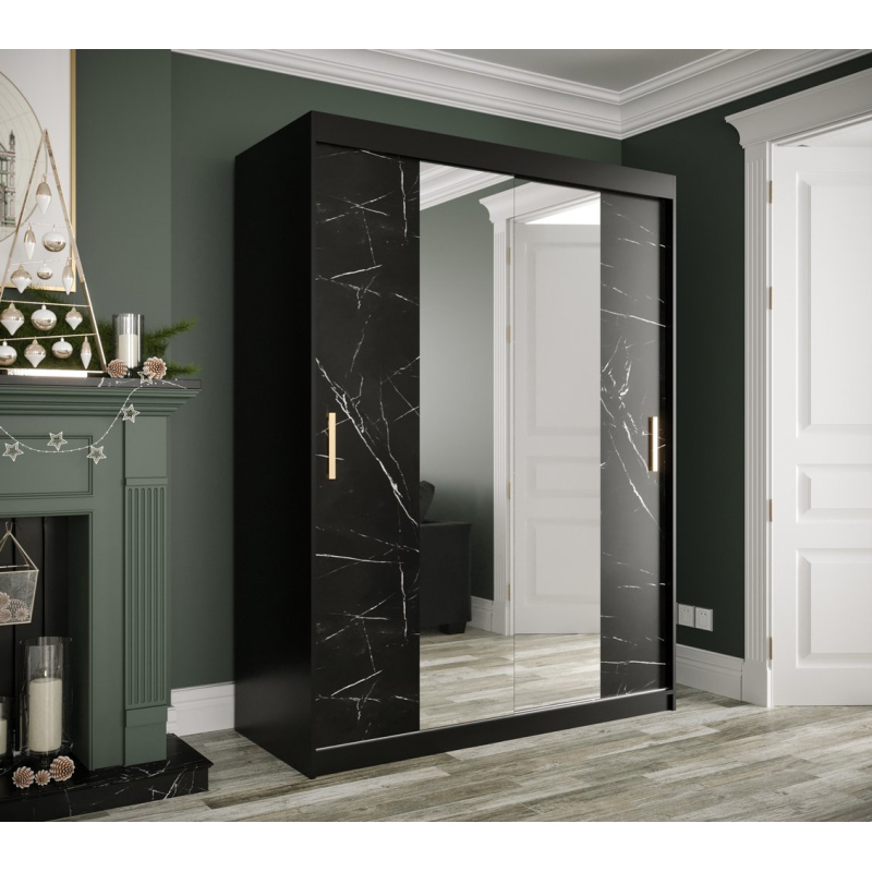 Zrcadlová skříň s posuvnými dveřmi MAREILLE 2 - šířka 150 cm, černá / černý mramor