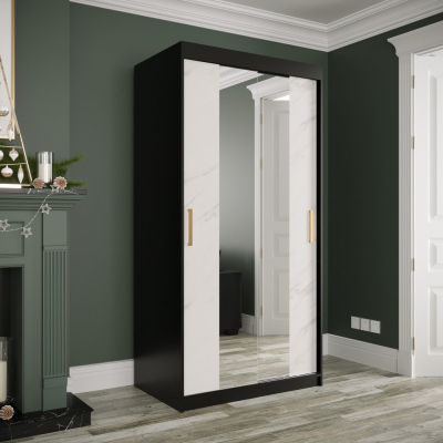 Zrcadlová skříň s posuvnými dveřmi MAREILLE 2 - šířka 100 cm, černá / bílý mramor