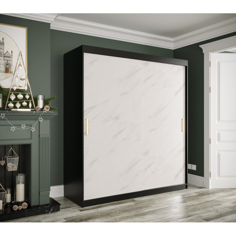 Skříň s posuvnými dveřmi MAREILLE 1 - šířka 180 cm, černá / bílý mramor