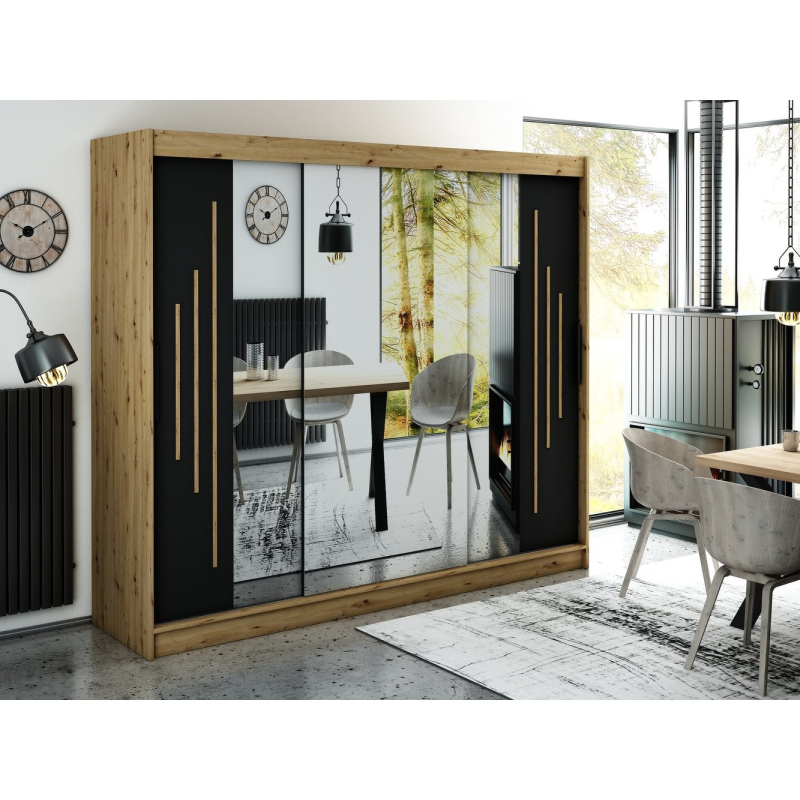 Zrcadlová skříň s posuvnými dveřmi LURDES 9 - šířka 250 cm, dub artisan / černá