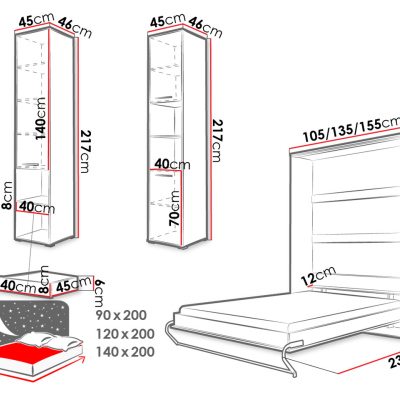 Sklápěcí postel se skříňkami 140x200 CELENA 3 - bílá / lesklá bílá