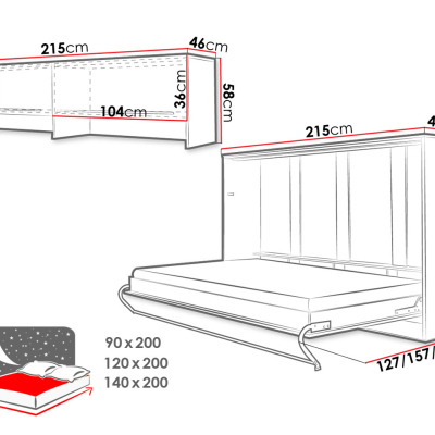 Horizontální sklápěcí manželská postel 140x200 CELENA 4 - bílá / lesklá bílá