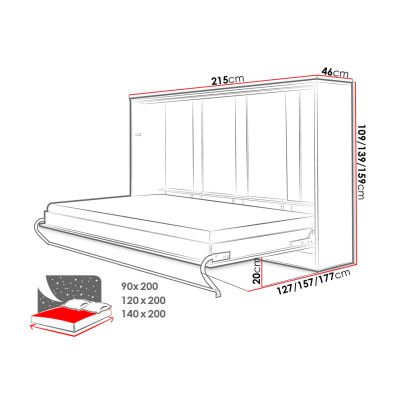 Horizontální sklápěcí manželská postel 140x200 CELENA 1 - bílá / lesklá bílá