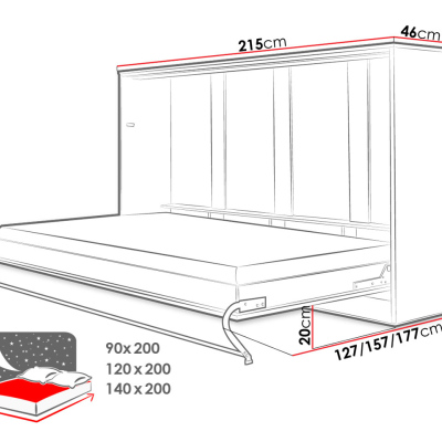 Horizontální sklápěcí manželská postel 90x200 CELENA 1 - bílá / lesklá bílá