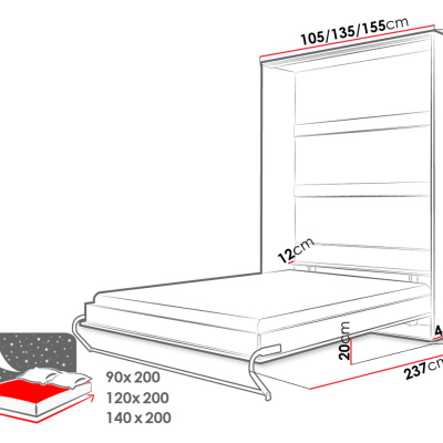 Vertikální sklápěcí manželská postel 120x200 CELENA 1 - bílá / lesklá bílá