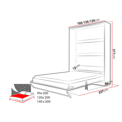 Vertikální sklápěcí manželská postel 90x200 CELENA 1 - bílá / lesklá bílá