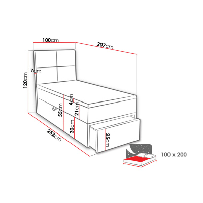 Jednolůžková boxpringová postel 100x200 LUGAU - tmavá šedá 1, levé provedení
