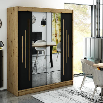 Zrcadlová skříň s posuvnými dveřmi LURDES 8 - šířka 180 cm, dub artisan / černá