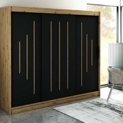 Šatní skříň s posuvnými dveřmi LURDES 7 - šířka 250 cm, dub artisan / černá