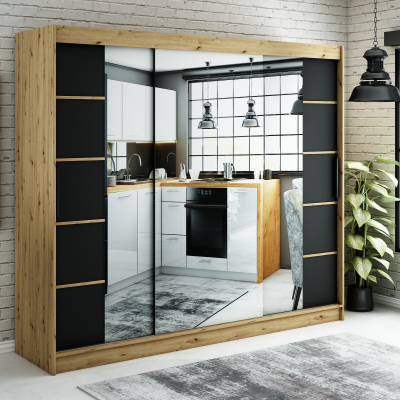 Zrcadlová skříň s posuvnými dveřmi LURDES 6 - šířka 250 cm, dub artisan / černá