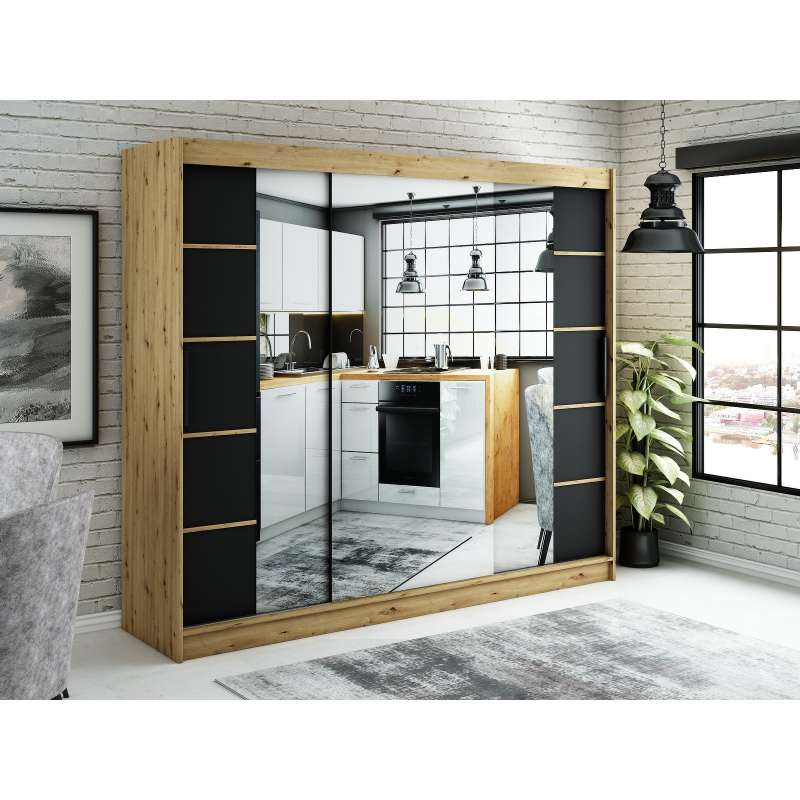 Zrcadlová skříň s posuvnými dveřmi LURDES 6 - šířka 250 cm, dub artisan / černá