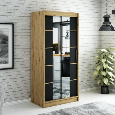 Zrcadlová skříň s posuvnými dveřmi LURDES 6 - šířka 100 cm, dub artisan / černá
