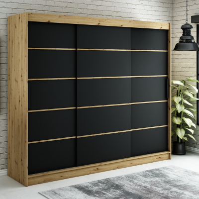 Šatní skříň s posuvnými dveřmi LURDES 4 - šířka 250 cm, dub artisan / černá
